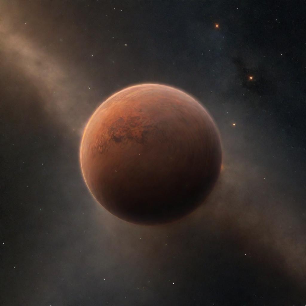 A tepid brown dwarf star, hazy in the infinite canvas of space, surrounded by a dust cloud and distant twinkling celestial bodies