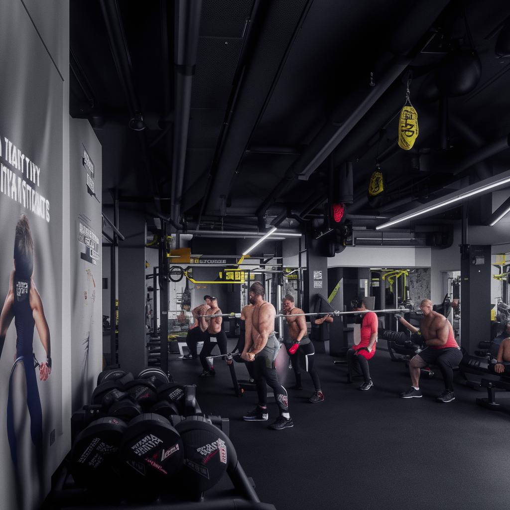 A gym bustling with immensely fit individuals, known as 'Gigachads', demonstrating excellent physique and strength. The environment is filled with state-of-the-art equipment and inspirational fitness posters.