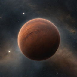 A tepid brown dwarf star, hazy in the infinite canvas of space, surrounded by a dust cloud and distant twinkling celestial bodies