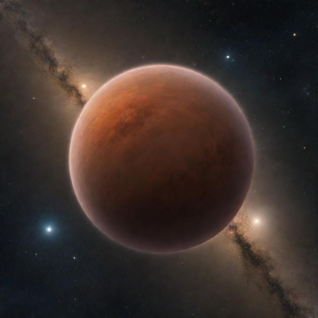 A tepid brown dwarf star, hazy in the infinite canvas of space, surrounded by a dust cloud and distant twinkling celestial bodies