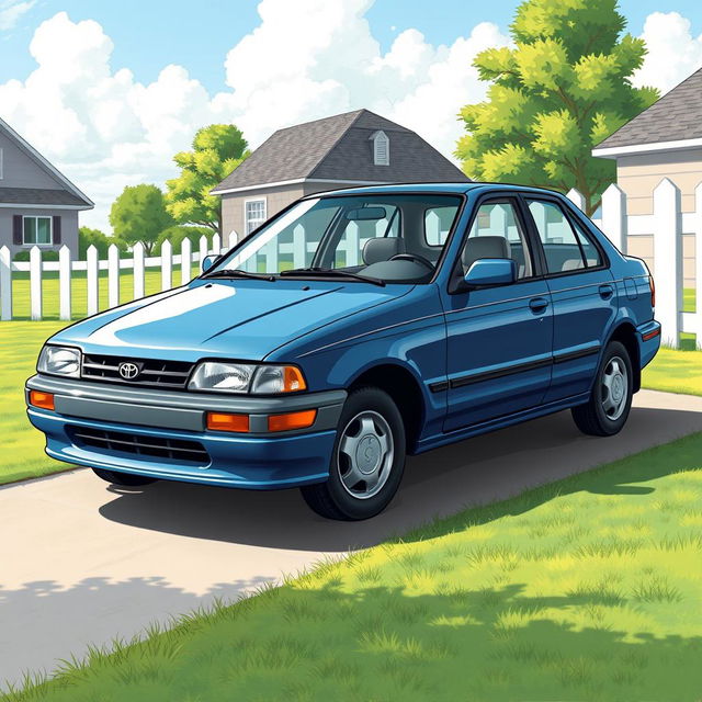 A detailed illustration of a 1997 Toyota Corolla sedan, showcasing its classic design characterized by smooth curves and a compact shape