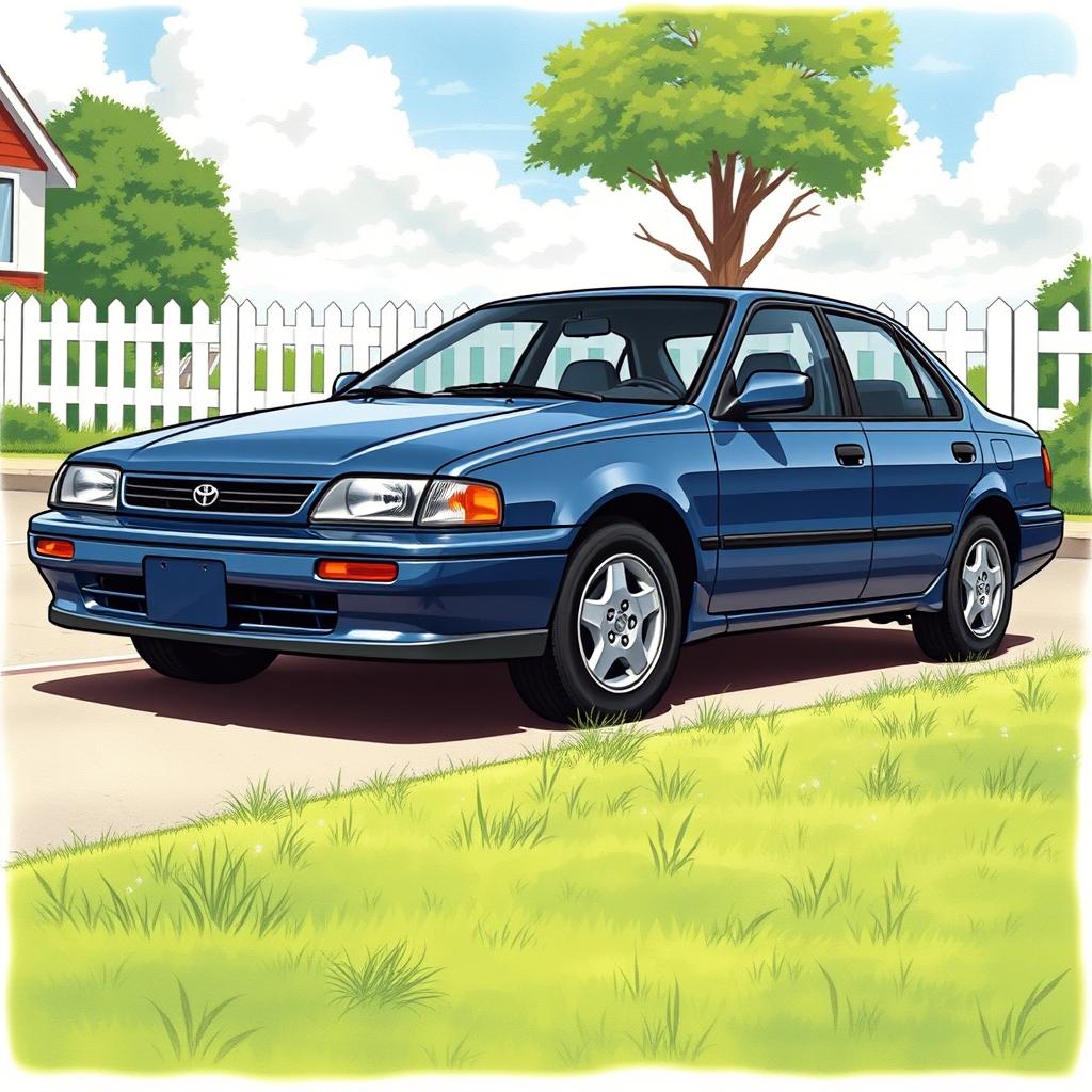 A detailed illustration of a 1997 Toyota Corolla sedan, showcasing its classic design characterized by smooth curves and a compact shape