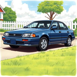 A detailed illustration of a 1997 Toyota Corolla sedan, showcasing its classic design characterized by smooth curves and a compact shape