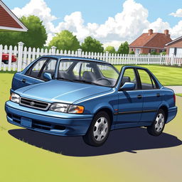 A detailed illustration of a 1997 Toyota Corolla sedan, showcasing its classic design characterized by smooth curves and a compact shape