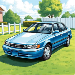 A detailed illustration of a 1997 Toyota Corolla sedan, showcasing its classic design characterized by smooth curves and a compact shape
