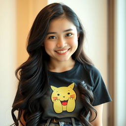 A stunning Central Asian woman with a round face and luminous skin, highlighted by her alluring black eyes that consistently bear a bright smile
