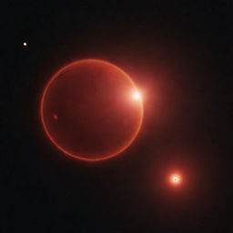 A red dwarf star burning with a warm red glow, casting its faint light onto neighboring planets in a dimly lit cosmos.