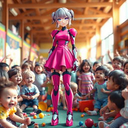 A beautiful android girl with glowing eyes, wearing a vibrant hot pink dress and thigh-high boots