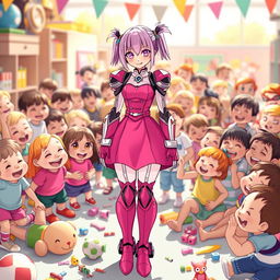 A beautiful android girl with glowing eyes, wearing a vibrant hot pink dress and thigh-high boots