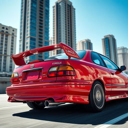 A 1997 Toyota Corolla with a distinct 1995 Subaru Impreza spoiler attached