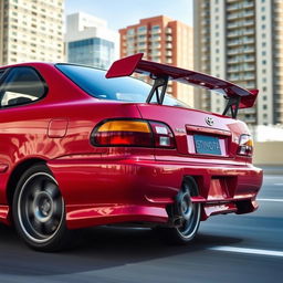 A 1997 Toyota Corolla with a distinct 1995 Subaru Impreza spoiler attached
