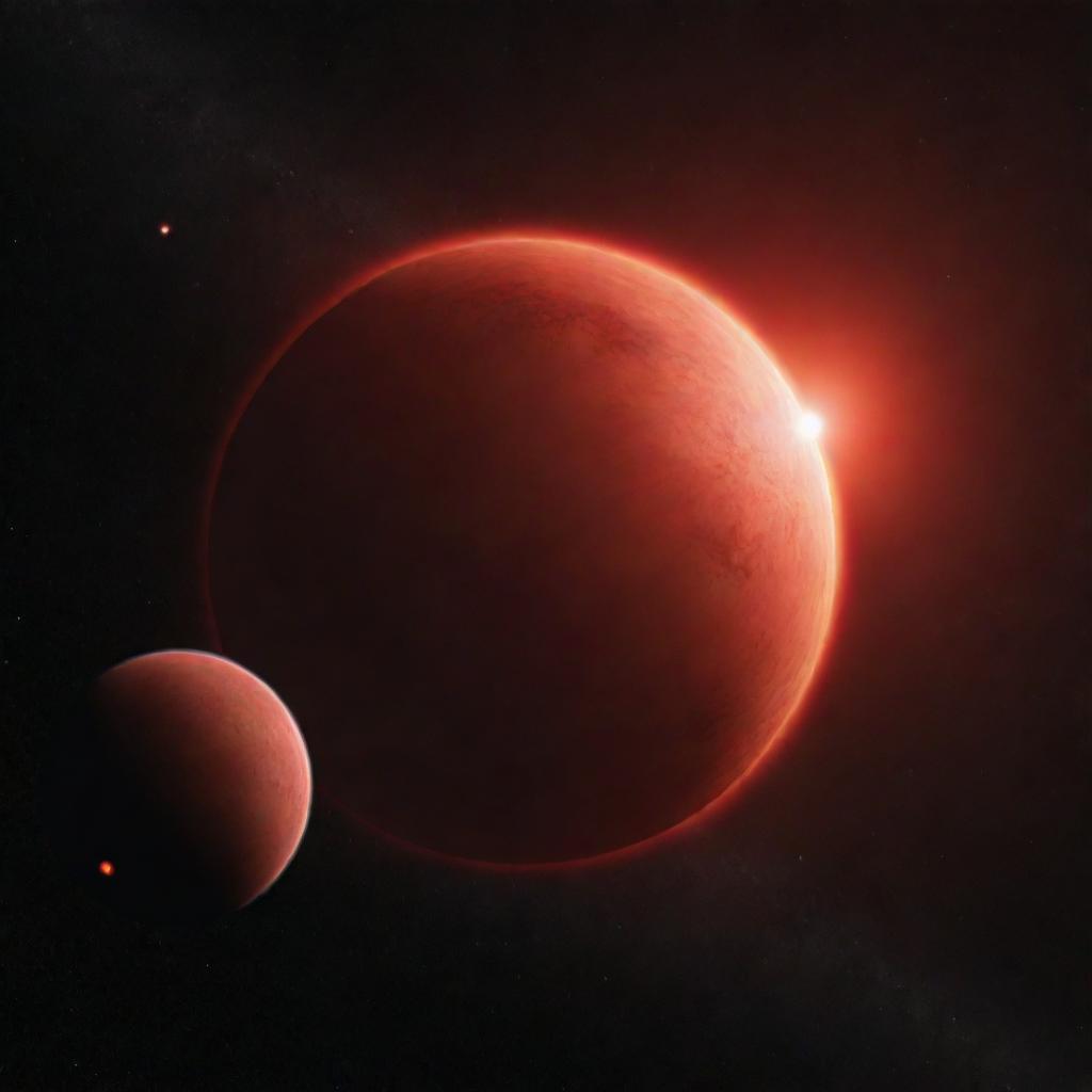 A red dwarf star burning with a warm red glow, casting its faint light onto neighboring planets in a dimly lit cosmos.