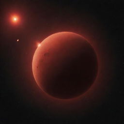 A red dwarf star burning with a warm red glow, casting its faint light onto neighboring planets in a dimly lit cosmos.