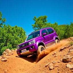 A dynamic off-road scene featuring a vibrant violet Daihatsu Terios 4x4 vehicle navigating through rugged terrain