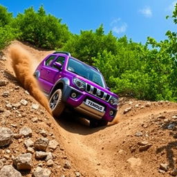 A dynamic off-road scene featuring a vibrant violet Daihatsu Terios 4x4 vehicle navigating through rugged terrain