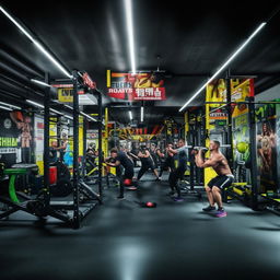 A gym bustling with immensely fit individuals, known as 'Gigachads', demonstrating excellent physique and strength. The environment is filled with state-of-the-art equipment and inspirational fitness posters.