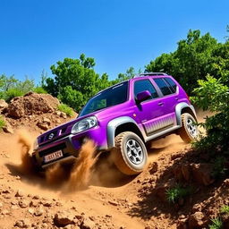 A dynamic off-road scene featuring a vibrant violet Daihatsu Terios 4x4 vehicle navigating through rugged terrain