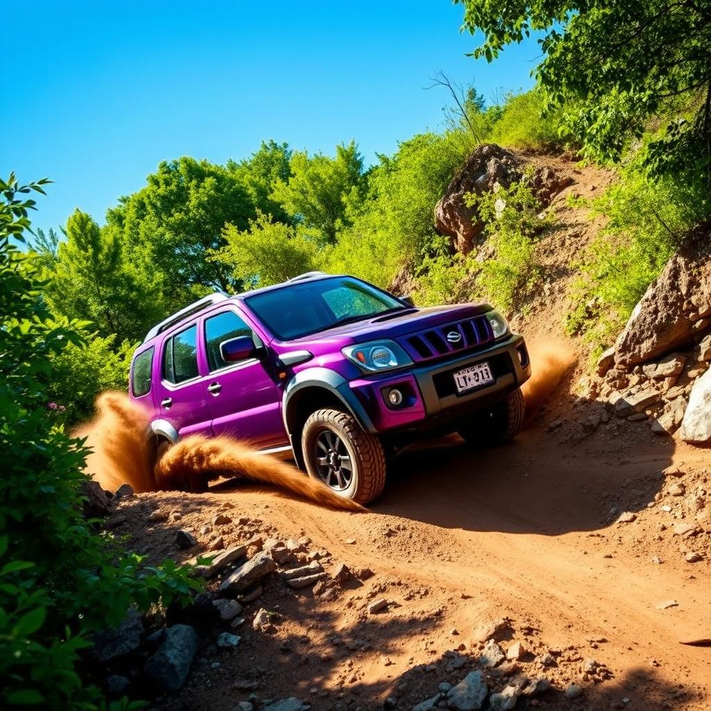 A dynamic off-road scene featuring a vibrant violet Daihatsu Terios 4x4 vehicle navigating through rugged terrain