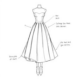 A detailed sketch of a silhouette representing a round body shape, featuring an elegantly designed skirt