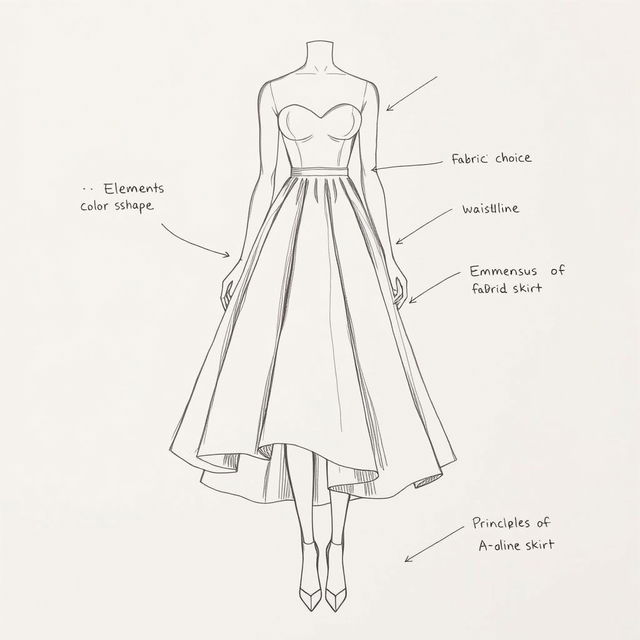 A detailed sketch of a silhouette representing a round body shape, featuring an elegantly designed skirt