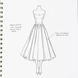 A detailed sketch of a silhouette representing a round body shape, featuring an elegantly designed skirt