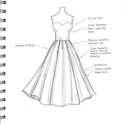 A detailed sketch of a silhouette representing a round body shape, featuring an elegantly designed skirt