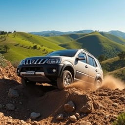 An adventurous scene featuring a Daihatsu Terios J100, a compact SUV, navigating through a rugged off-road terrain