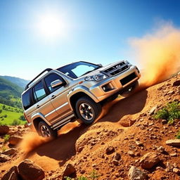 An adventurous scene featuring a Daihatsu Terios J100, a compact SUV, navigating through a rugged off-road terrain