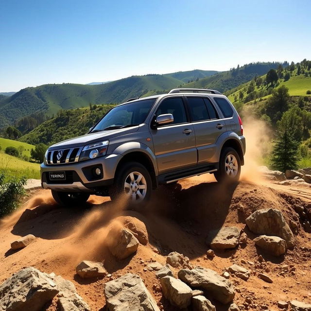 An adventurous scene featuring a Daihatsu Terios J100, a compact SUV, navigating through a rugged off-road terrain