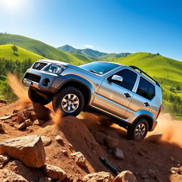 An adventurous scene featuring a Daihatsu Terios J100, a compact SUV, navigating through a rugged off-road terrain