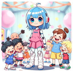 An illustration of a blue-haired android girl with bright eyes, wearing a pink dress and tall white boots