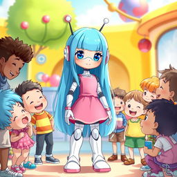 An illustration of a blue-haired android girl with bright eyes, wearing a pink dress and tall white boots