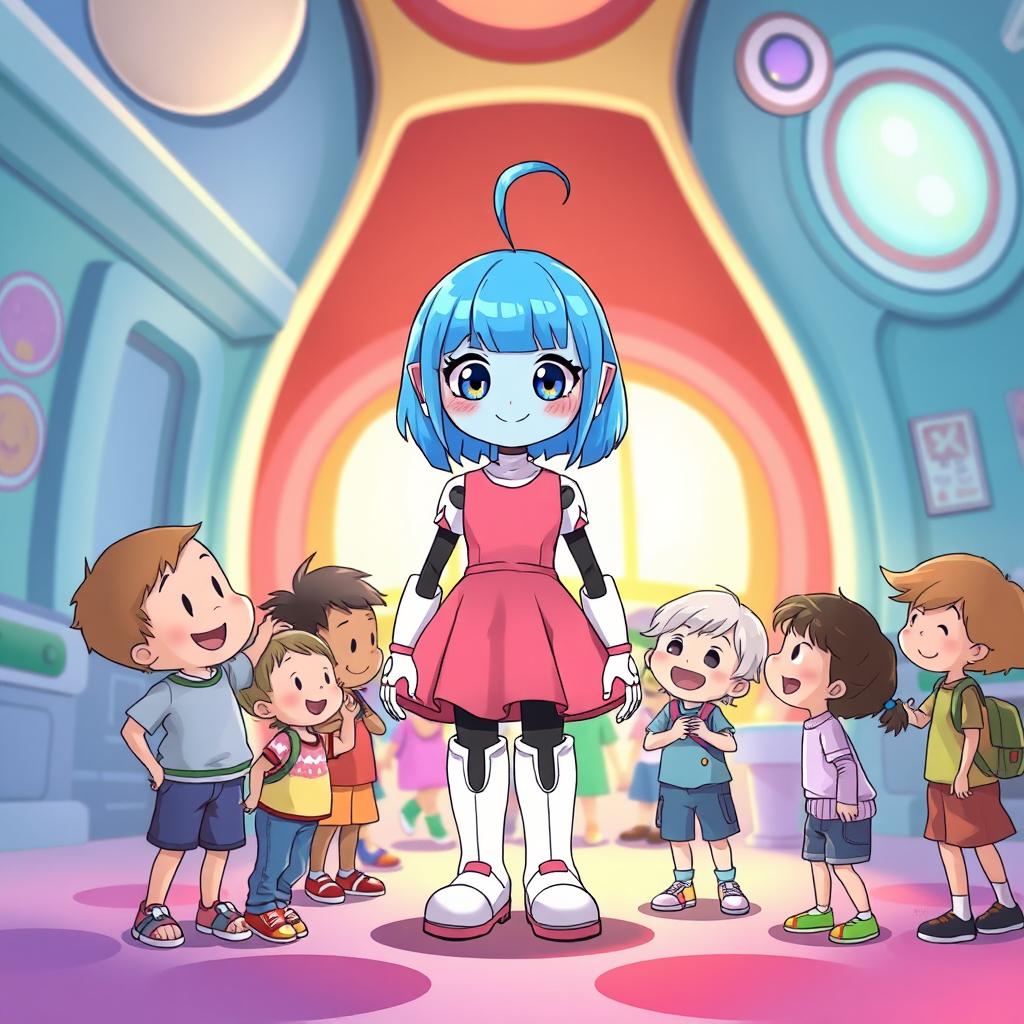 An illustration of a blue-haired android girl with bright eyes, wearing a pink dress and tall white boots