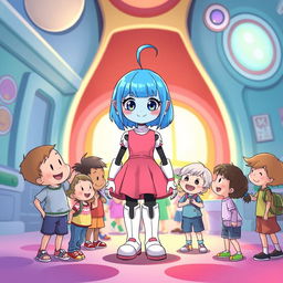 An illustration of a blue-haired android girl with bright eyes, wearing a pink dress and tall white boots