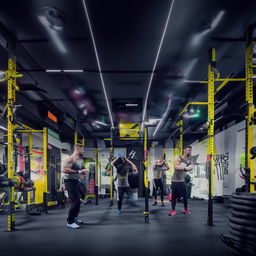 A gym bustling with immensely fit individuals, known as 'Gigachads', demonstrating excellent physique and strength. The environment is filled with state-of-the-art equipment and inspirational fitness posters.