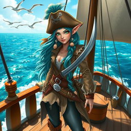 An adventurous sea elf pirate standing proudly on the deck of a majestic ship sailing through the ocean
