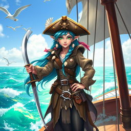 An adventurous sea elf pirate standing proudly on the deck of a majestic ship sailing through the ocean