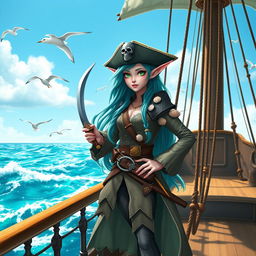 An adventurous sea elf pirate standing proudly on the deck of a majestic ship sailing through the ocean