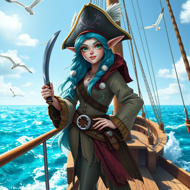 An adventurous sea elf pirate standing proudly on the deck of a majestic ship sailing through the ocean