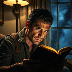 A 34-year-old man gazing suspiciously at a mysterious diary