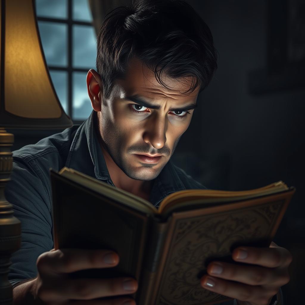 A 34-year-old man gazing suspiciously at a mysterious diary