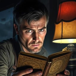 A 34-year-old man gazing suspiciously at a mysterious diary