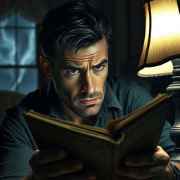 A 34-year-old man gazing suspiciously at a mysterious diary