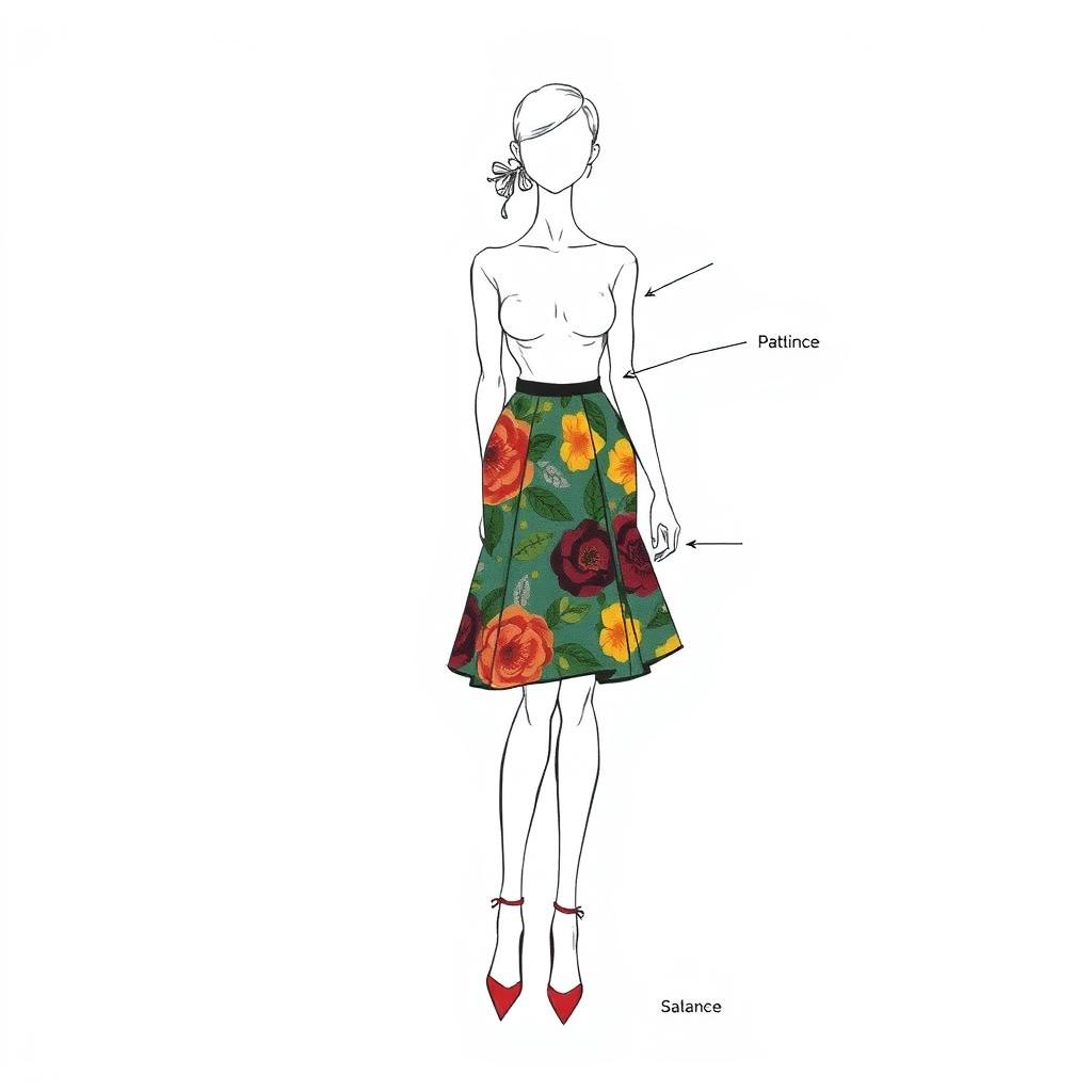 A detailed illustration showcasing a silhouette of a round body shape with broad shoulders and slim hips, featuring an elegant skirt design