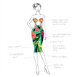 A detailed illustration showcasing a silhouette of a round body shape with broad shoulders and slim hips, featuring an elegant skirt design