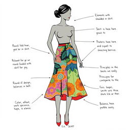 A detailed illustration showcasing a silhouette of a round body shape with broad shoulders and slim hips, featuring an elegant skirt design