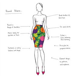 A detailed illustration showcasing a silhouette of a round body shape with broad shoulders and slim hips, featuring an elegant skirt design