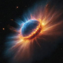 A dramatic scene of a neutron star exploding in space, propelling waves of vibrant energy and stellar dust across the universe