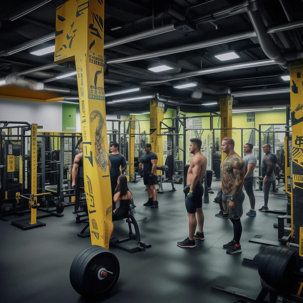 A gym bustling with immensely fit individuals, known as 'Gigachads', demonstrating excellent physique and strength. The environment is filled with state-of-the-art equipment and inspirational fitness posters.