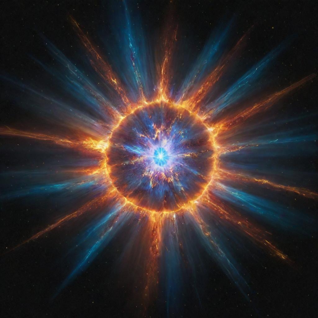 An exhilarating depiction of a magnetar star exploding, its violent eruption sending shockwaves and a kaleidoscope of colors through the cosmos